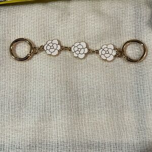 Flower white rose enamel Bag charm or Key Chain. Gold Tone.